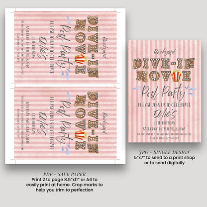 a pink and white design for a "Dive-in Movie" party invitation. The design includes text and decorative elements, such as stripes and popcorn, to create a fun and festive atmosphere.