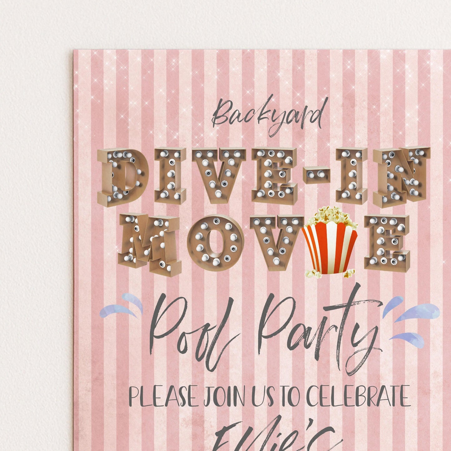 The image is a pink and white striped invitation card for a "Backyard Dive-in Movie" party.