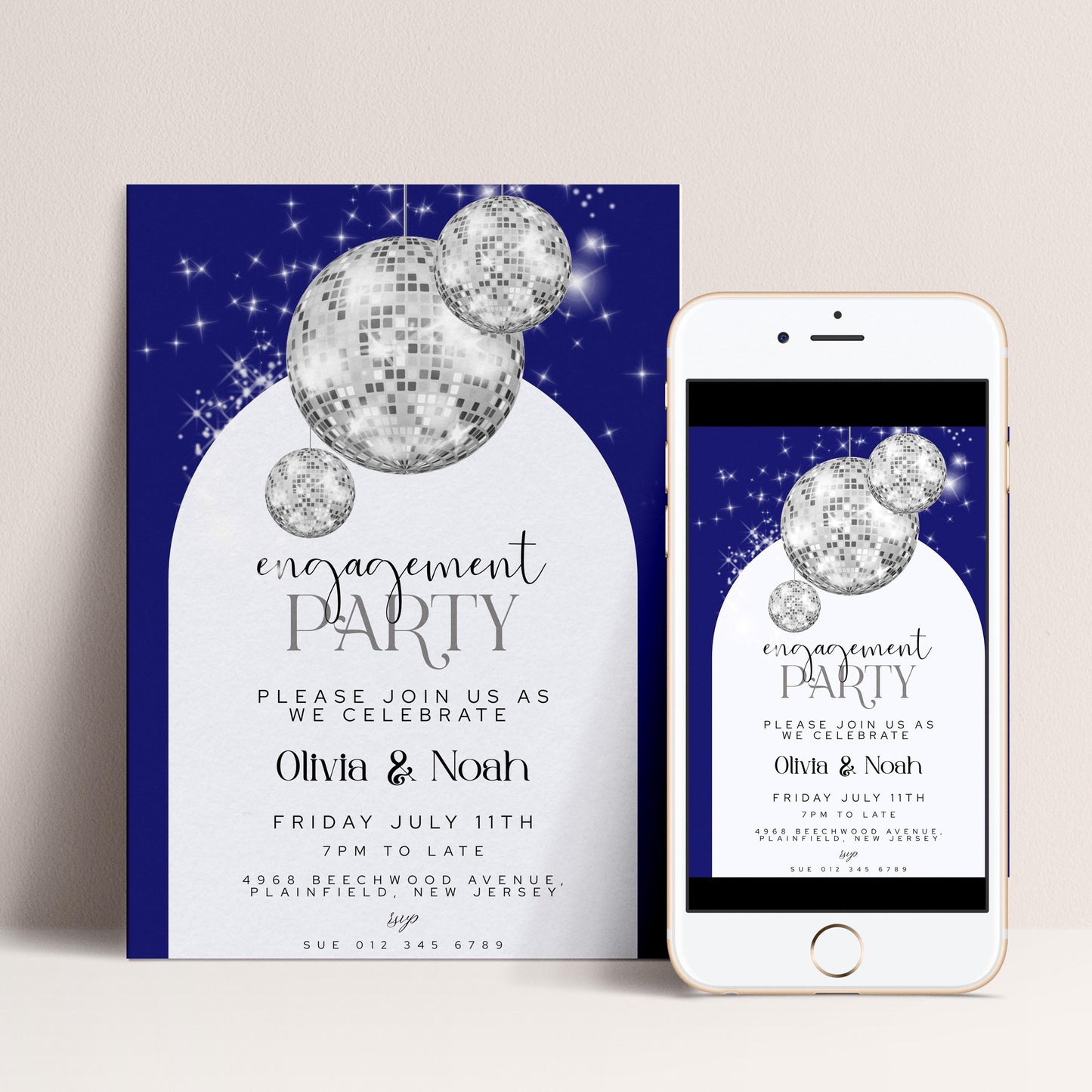 Editable Navy Blue Engagement Party Invitation Disco Ball Theme Modern Corjl Template Instant Download Printable Invite Glam Sparkle Design
