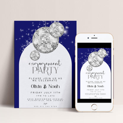 Editable Navy Blue Engagement Party Invitation Disco Ball Theme Modern Corjl Template Instant Download Printable Invite Glam Sparkle Design