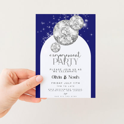Editable Navy Blue Engagement Party Invitation Disco Ball Theme Modern Corjl Template Instant Download Printable Invite Glam Sparkle Design
