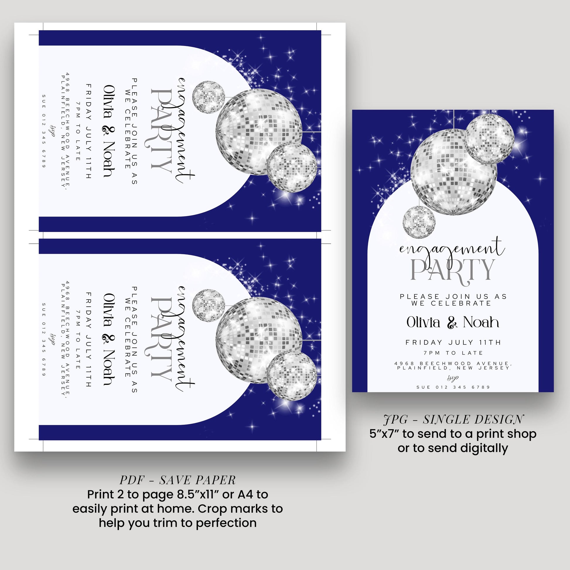 Editable Navy Blue Engagement Party Invitation Disco Ball Theme Modern Corjl Template Instant Download Printable Invite Glam Sparkle Design