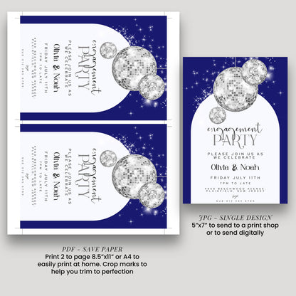 Editable Navy Blue Engagement Party Invitation Disco Ball Theme Modern Corjl Template Instant Download Printable Invite Glam Sparkle Design