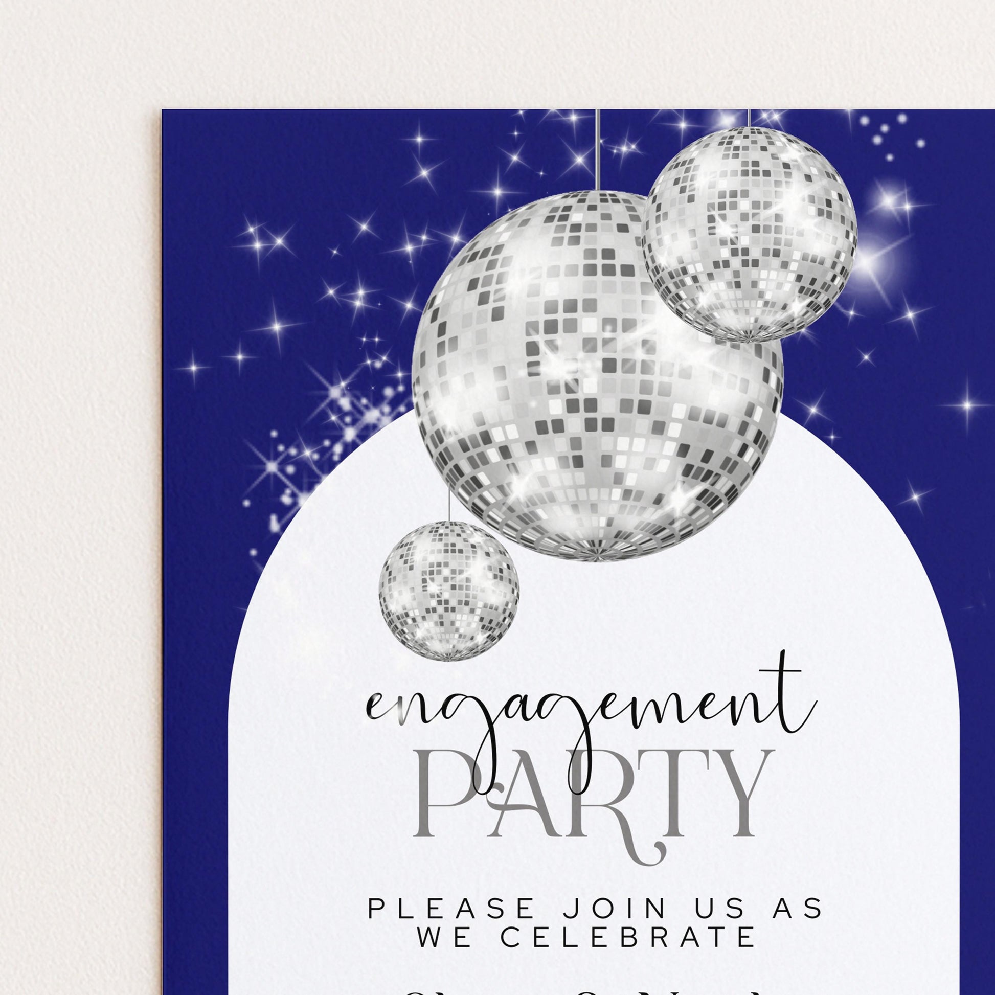 Editable Navy Blue Engagement Party Invitation Disco Ball Theme Modern Corjl Template Instant Download Printable Invite Glam Sparkle Design