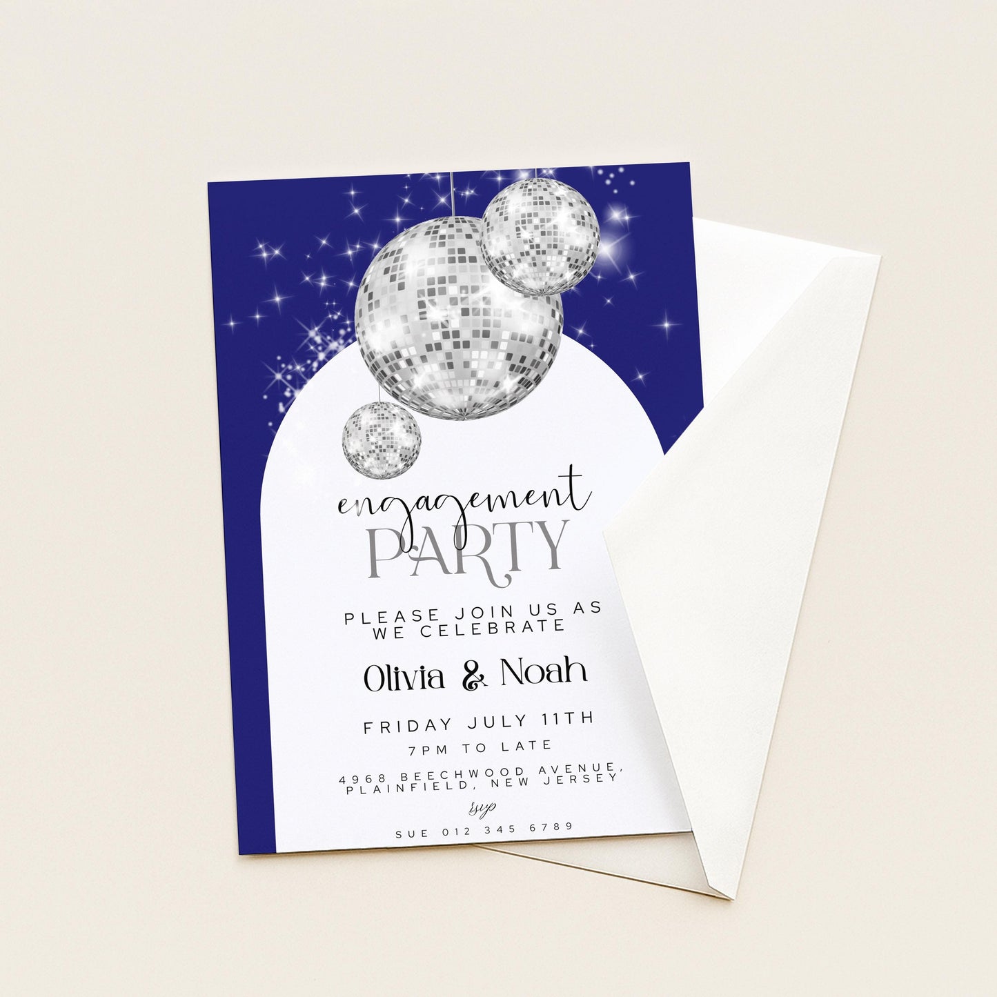 Editable Navy Blue Engagement Party Invitation Disco Ball Theme Modern Corjl Template Instant Download Printable Invite Glam Sparkle Design