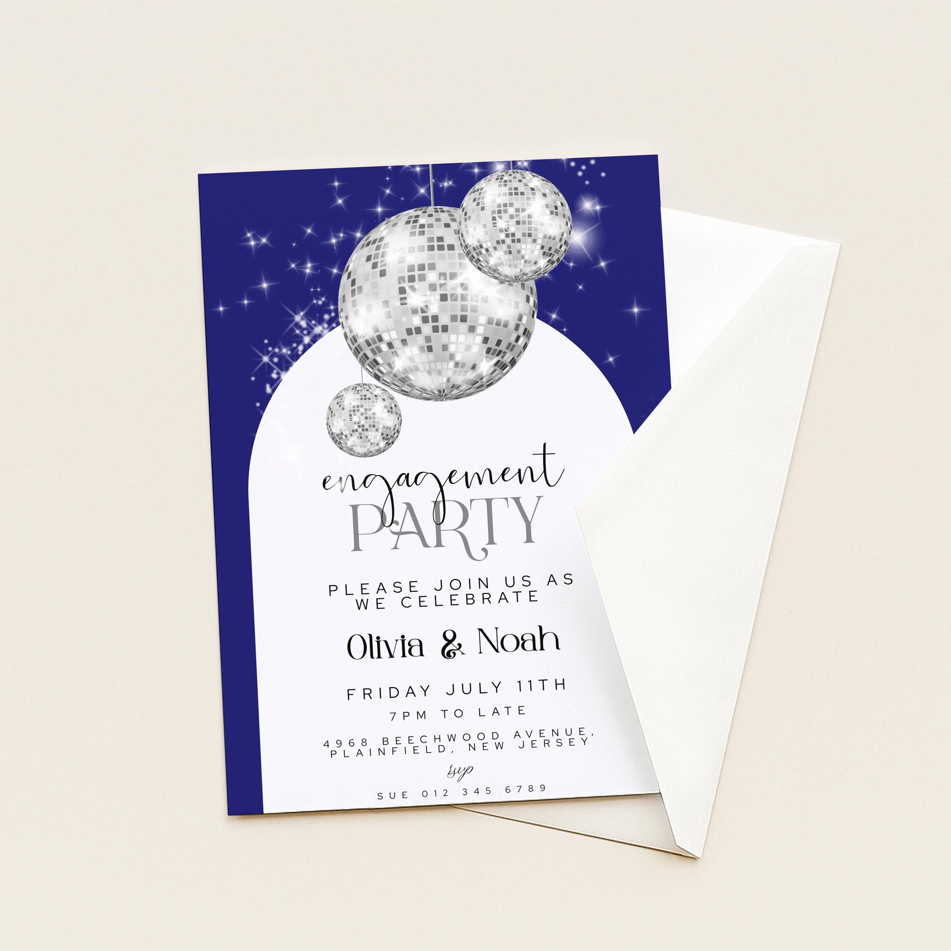 Editable Navy Blue Engagement Party Invitation Disco Ball Theme Modern Corjl Template Instant Download Printable Invite Glam Sparkle Design