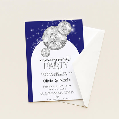 Editable Navy Blue Engagement Party Invitation Disco Ball Theme Modern Corjl Template Instant Download Printable Invite Glam Sparkle Design