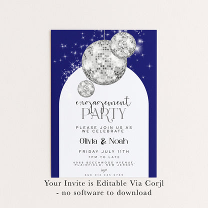 Editable Navy Blue Engagement Party Invitation Disco Ball Theme Modern Corjl Template Instant Download Printable Invite Glam Sparkle Design