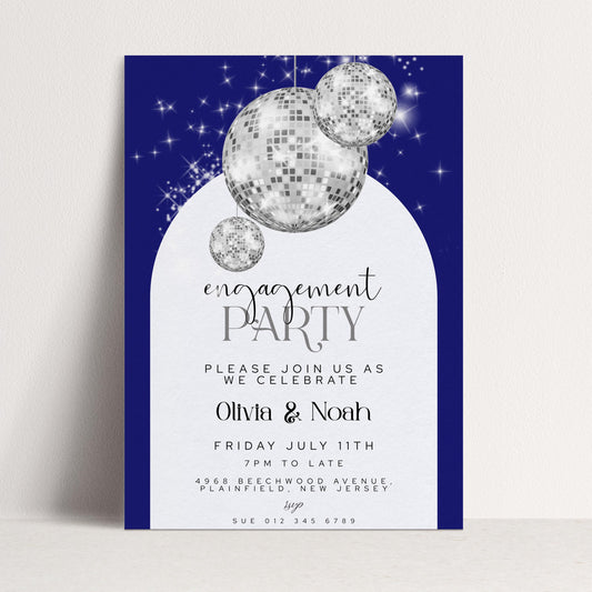 Editable Navy Blue Engagement Party Invitation Disco Ball Theme Modern Corjl Template Instant Download Printable Invite Glam Sparkle Design