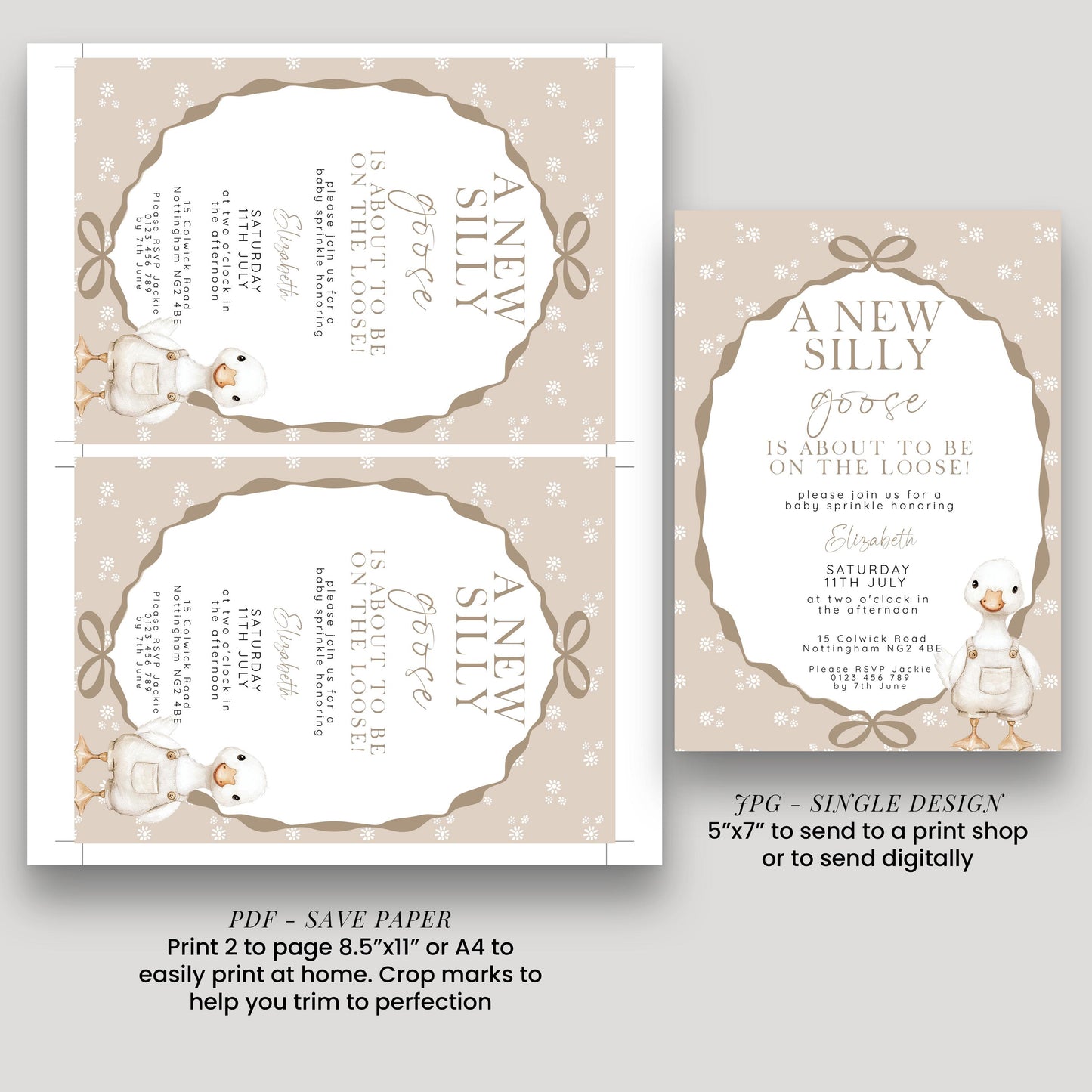 Neutral Goose Baby Sprinkle Invitation, Editable Baby Shower Template , Corjl Instant Download SG21
