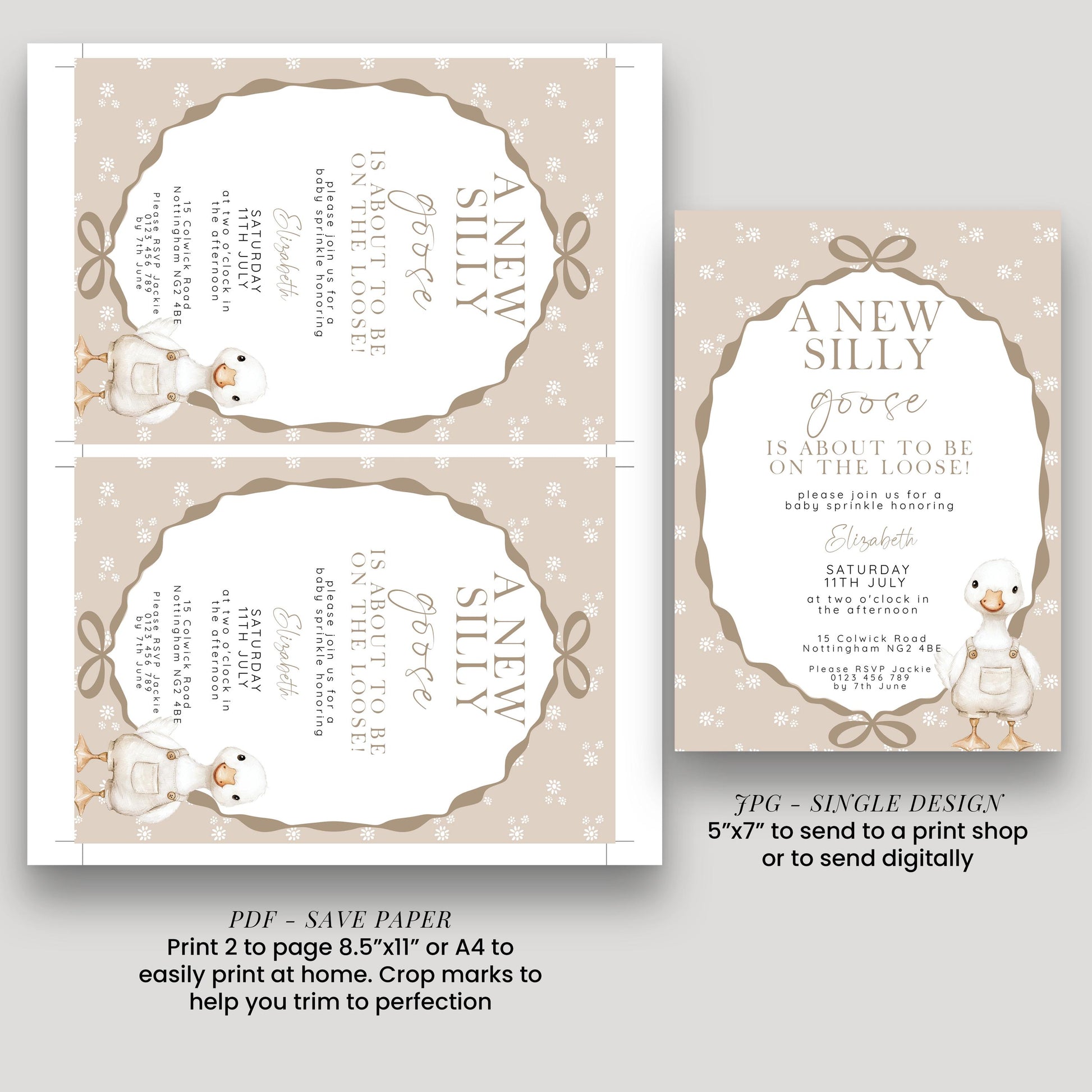 Neutral Goose Baby Sprinkle Invitation, Editable Baby Shower Template , Corjl Instant Download SG21