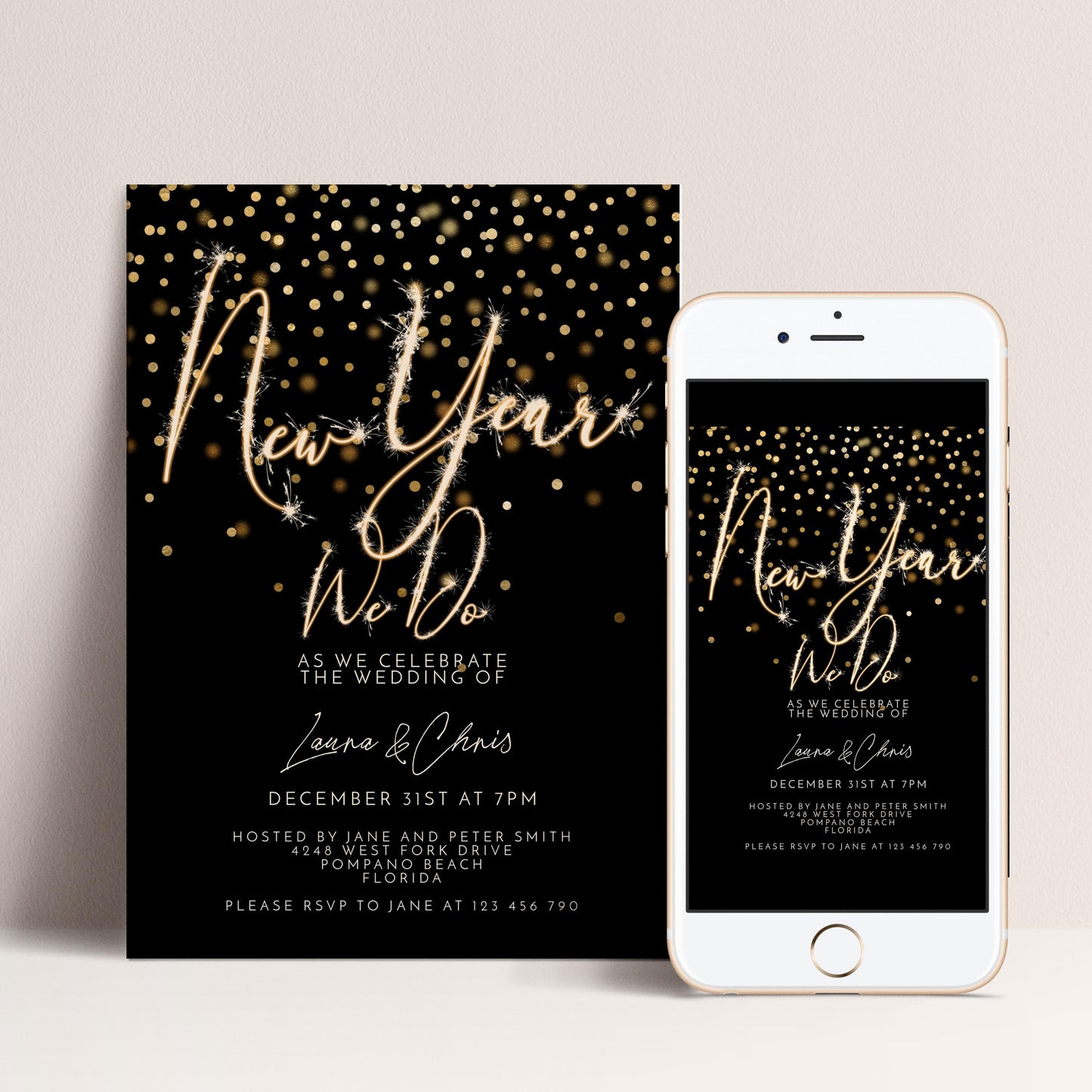 New Year Wedding Invitation Gold Sparkler, Elegant NYE Party Invite, Black Tie Celebration, Editable Wedding Template