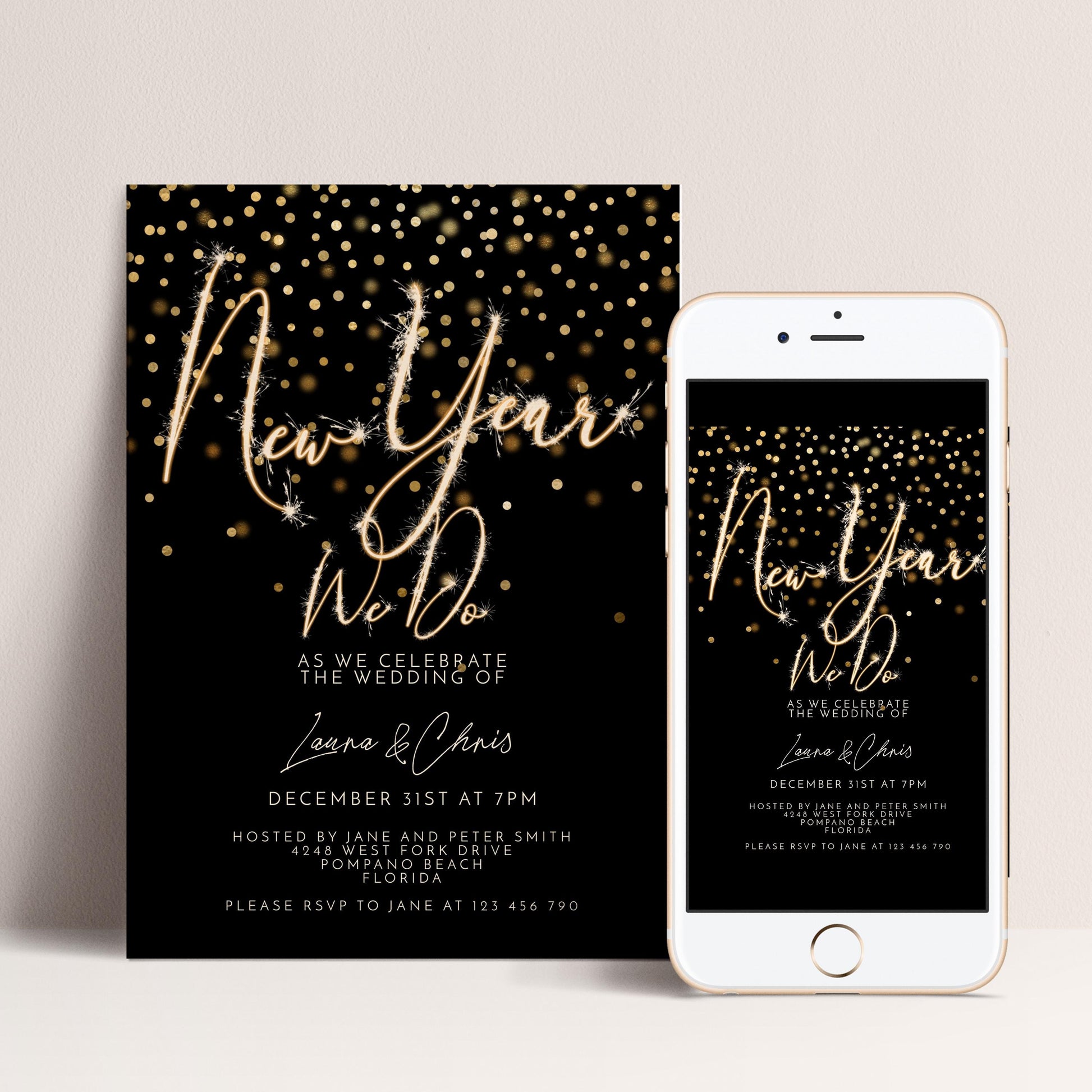 New Year Wedding Invitation Gold Sparkler, Elegant NYE Party Invite, Black Tie Celebration, Editable Wedding Template