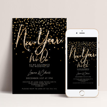New Year Wedding Invitation Gold Sparkler, Elegant NYE Party Invite, Black Tie Celebration, Editable Wedding Template