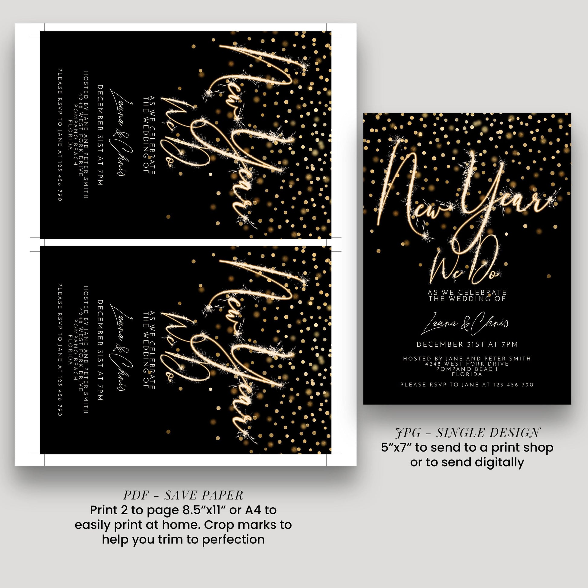 New Year Wedding Invitation Gold Sparkler, Elegant NYE Party Invite, Black Tie Celebration, Editable Wedding Template