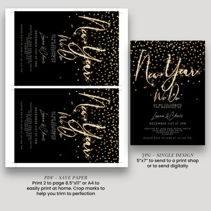 New Year Wedding Invitation Gold Sparkler, Elegant NYE Party Invite, Black Tie Celebration, Editable Wedding Template