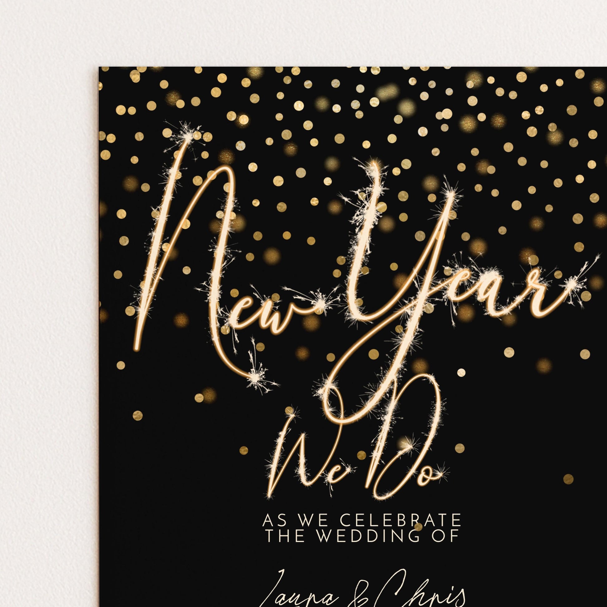 New Year Wedding Invitation Gold Sparkler, Elegant NYE Party Invite, Black Tie Celebration, Editable Wedding Template