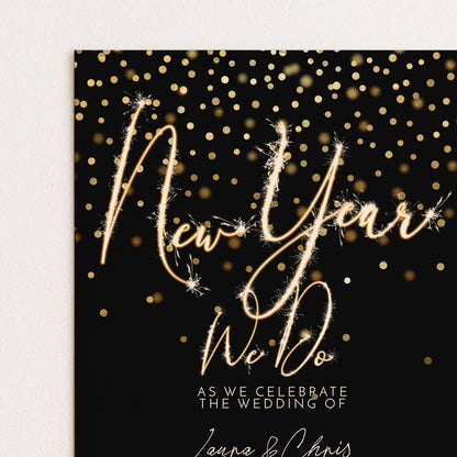 New Year Wedding Invitation Gold Sparkler, Elegant NYE Party Invite, Black Tie Celebration, Editable Wedding Template