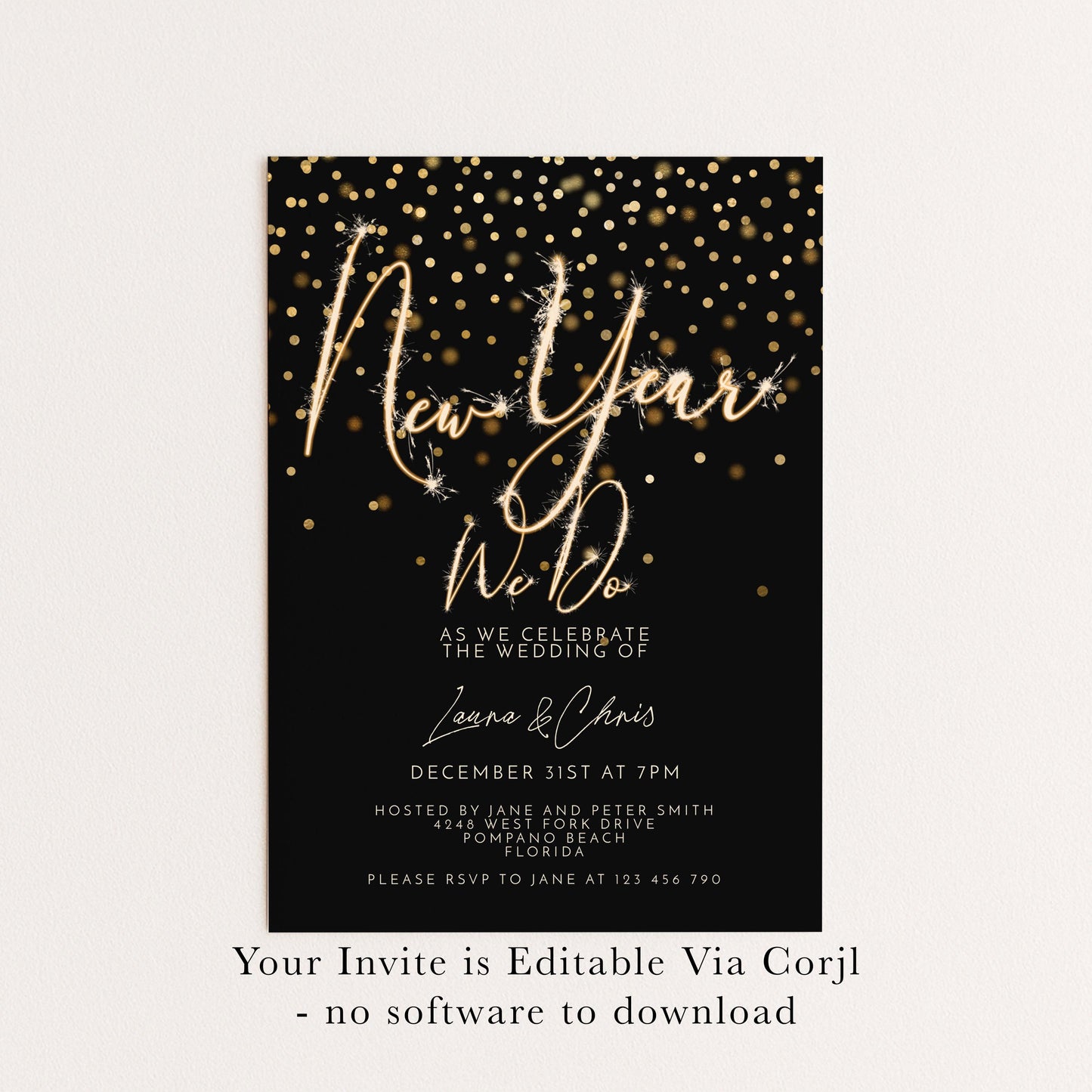 New Year Wedding Invitation Gold Sparkler, Elegant NYE Party Invite, Black Tie Celebration, Editable Wedding Template
