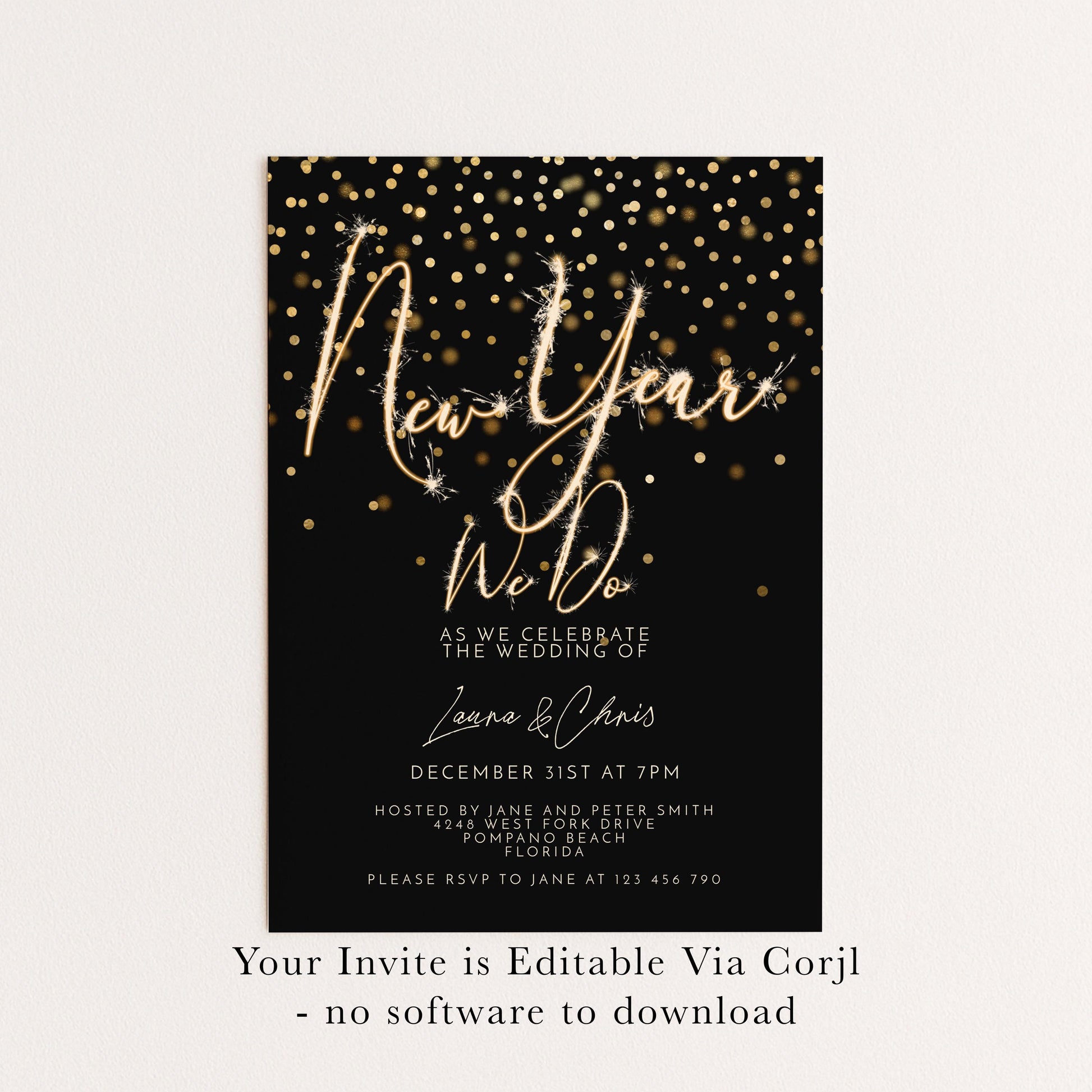New Year Wedding Invitation Gold Sparkler, Elegant NYE Party Invite, Black Tie Celebration, Editable Wedding Template