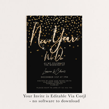 New Year Wedding Invitation Gold Sparkler, Elegant NYE Party Invite, Black Tie Celebration, Editable Wedding Template