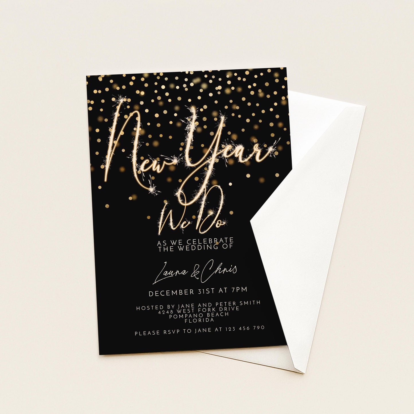 New Year Wedding Invitation Gold Sparkler, Elegant NYE Party Invite, Black Tie Celebration, Editable Wedding Template