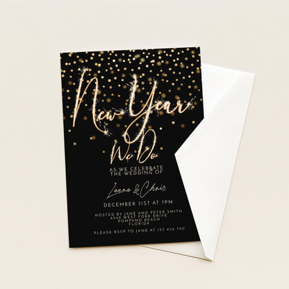 New Year Wedding Invitation Gold Sparkler, Elegant NYE Party Invite, Black Tie Celebration, Editable Wedding Template
