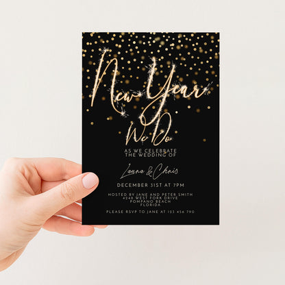 New Year Wedding Invitation Gold Sparkler, Elegant NYE Party Invite, Black Tie Celebration, Editable Wedding Template