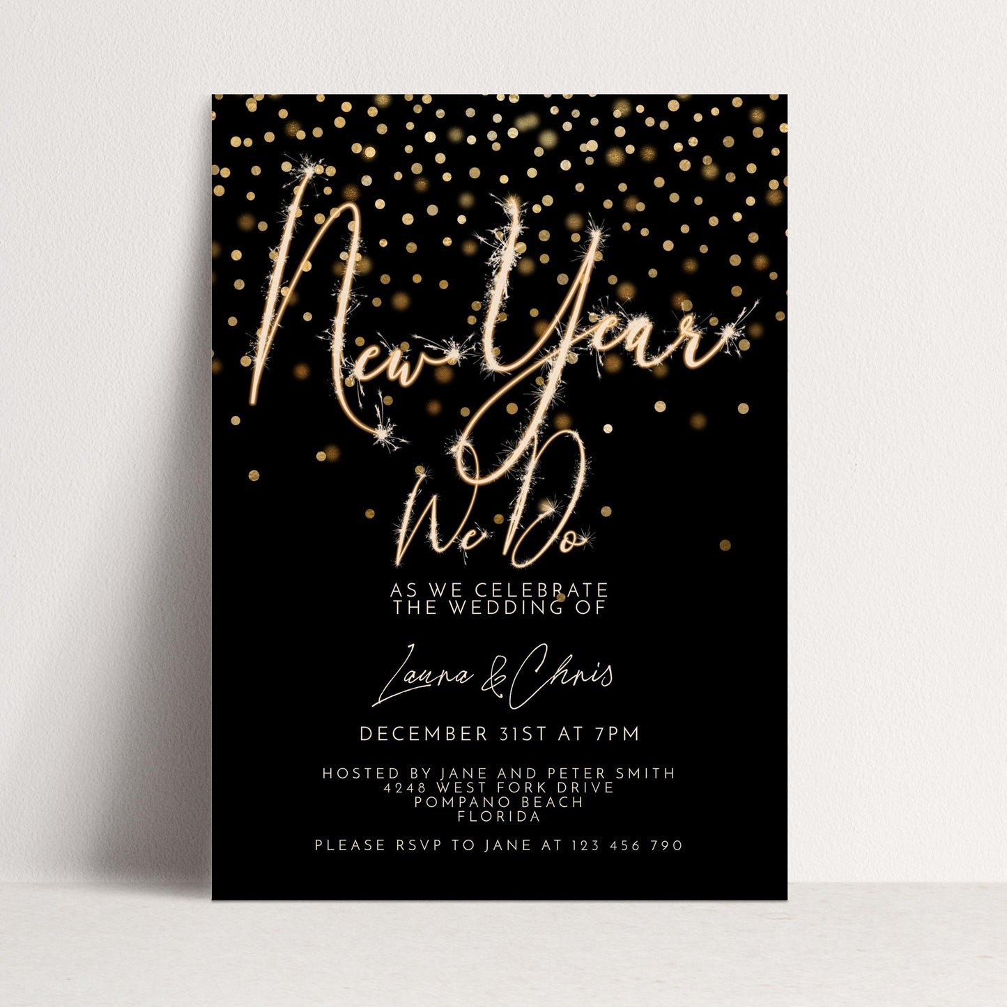 New Year Wedding Invitation Gold Sparkler, Elegant NYE Party Invite, Black Tie Celebration, Editable Wedding Template