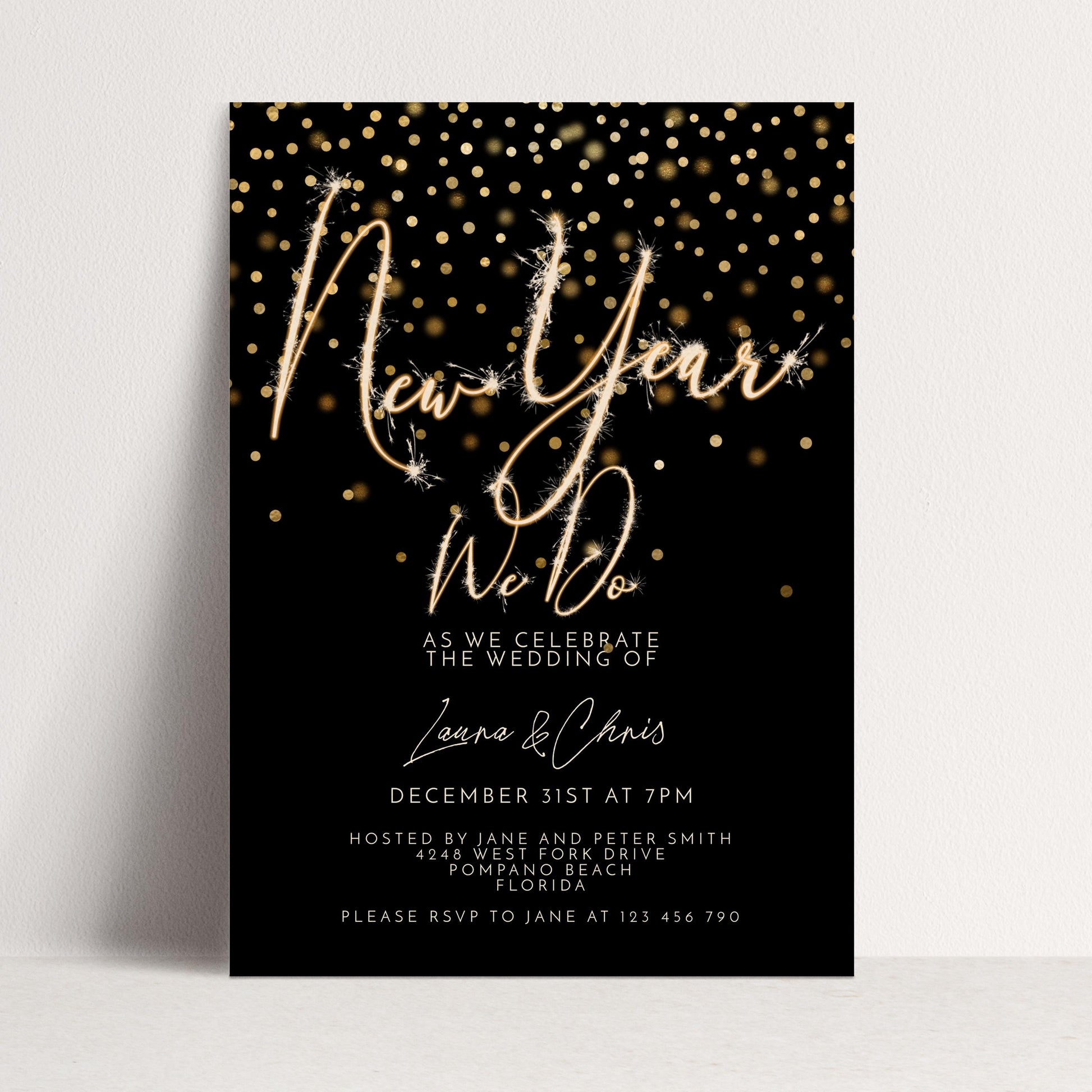 New Year Wedding Invitation Gold Sparkler, Elegant NYE Party Invite, Black Tie Celebration, Editable Wedding Template