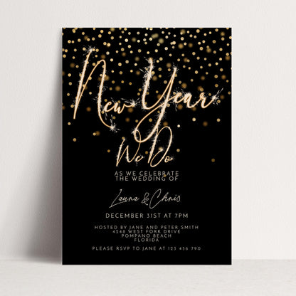 New Year Wedding Invitation Gold Sparkler, Elegant NYE Party Invite, Black Tie Celebration, Editable Wedding Template
