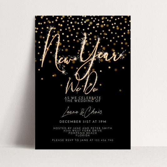 New Year Wedding Invitation Gold Sparkler, Elegant NYE Party Invite, Black Tie Celebration, Editable Wedding Template