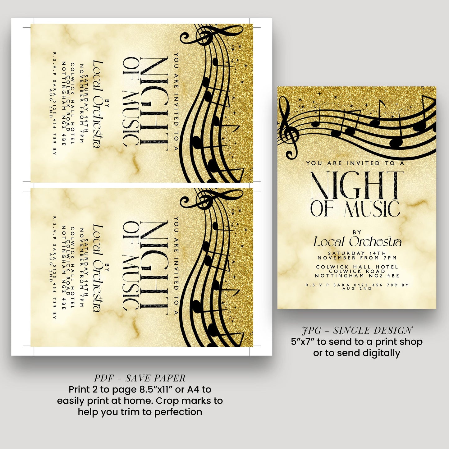 Elegant Night of Music Invitation Gold Musical Event Invite Printable and Editable Template for Concerts, Recitals & Performances