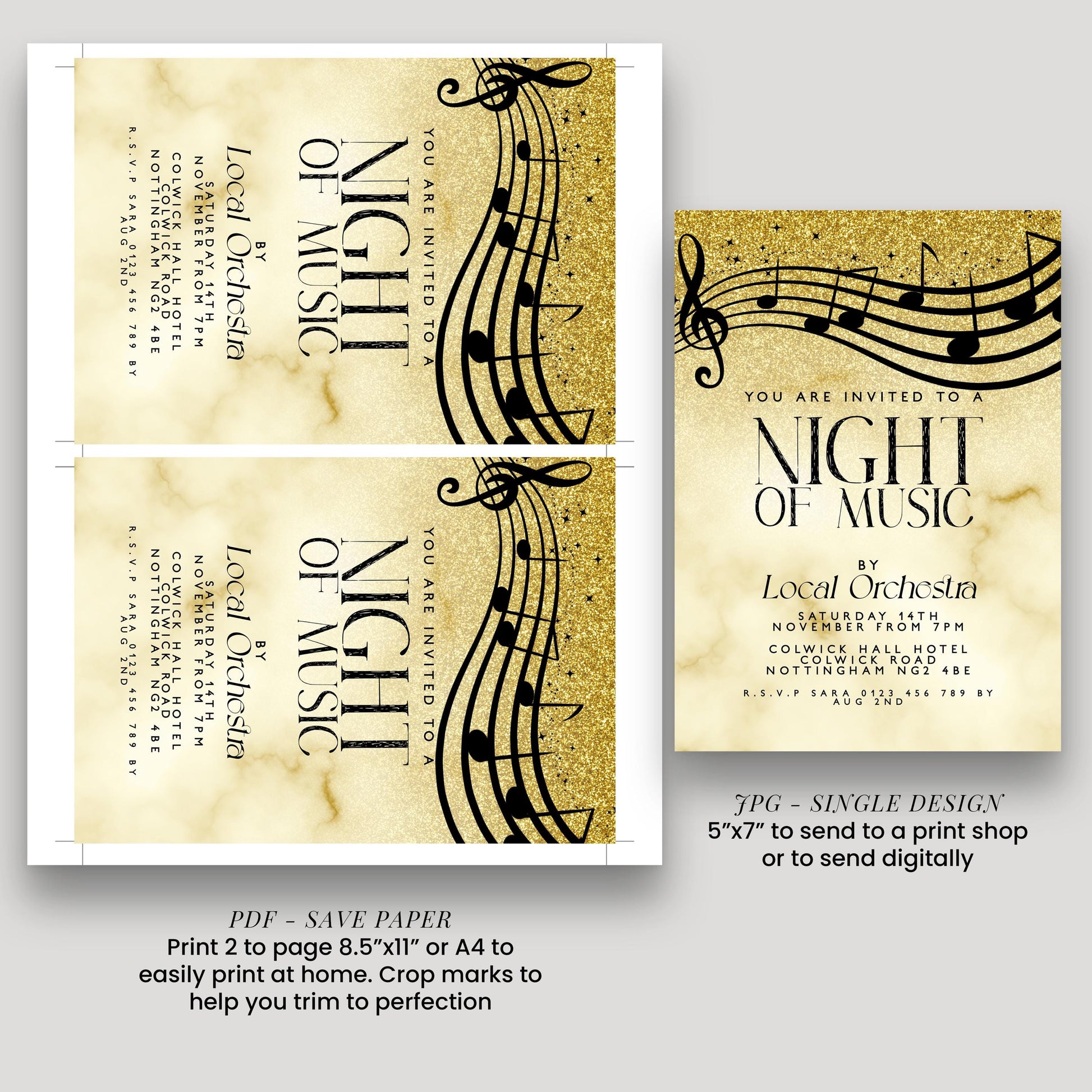 Elegant Night of Music Invitation Gold Musical Event Invite Printable and Editable Template for Concerts, Recitals & Performances