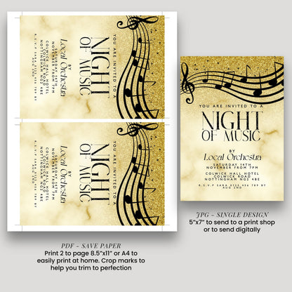 Elegant Night of Music Invitation Gold Musical Event Invite Printable and Editable Template for Concerts, Recitals & Performances