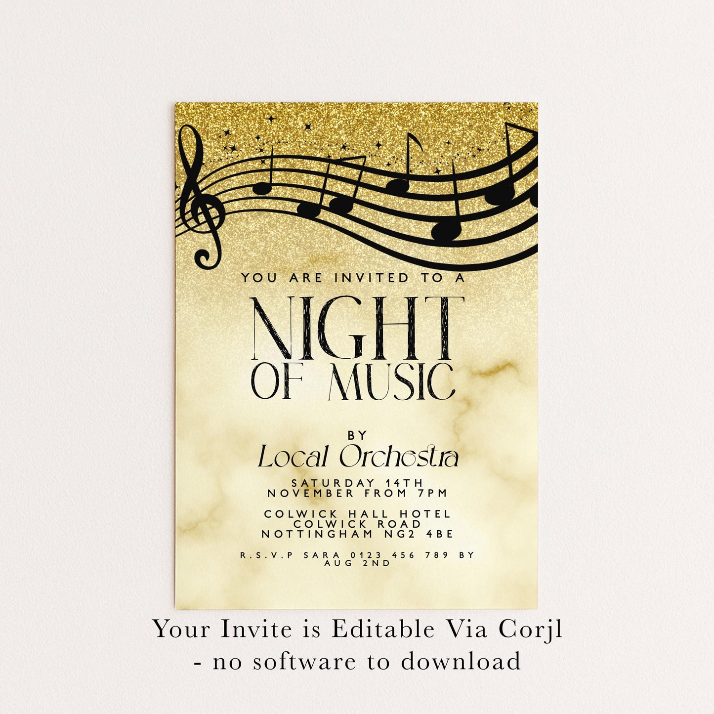 Elegant Night of Music Invitation Gold Musical Event Invite Printable and Editable Template for Concerts, Recitals & Performances