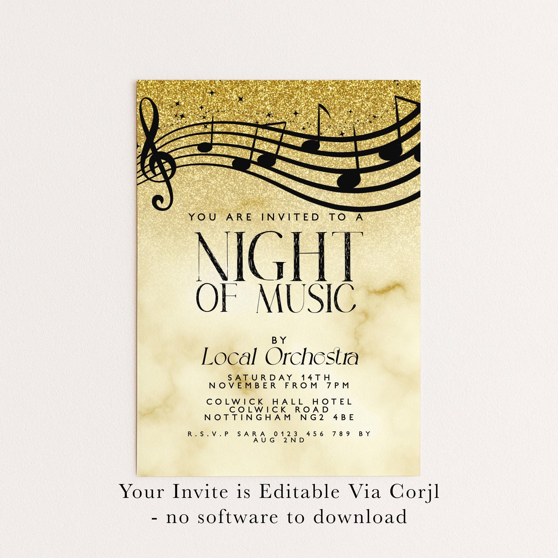 Elegant Night of Music Invitation Gold Musical Event Invite Printable and Editable Template for Concerts, Recitals & Performances