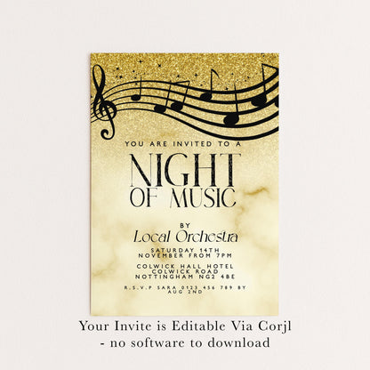 Elegant Night of Music Invitation Gold Musical Event Invite Printable and Editable Template for Concerts, Recitals & Performances