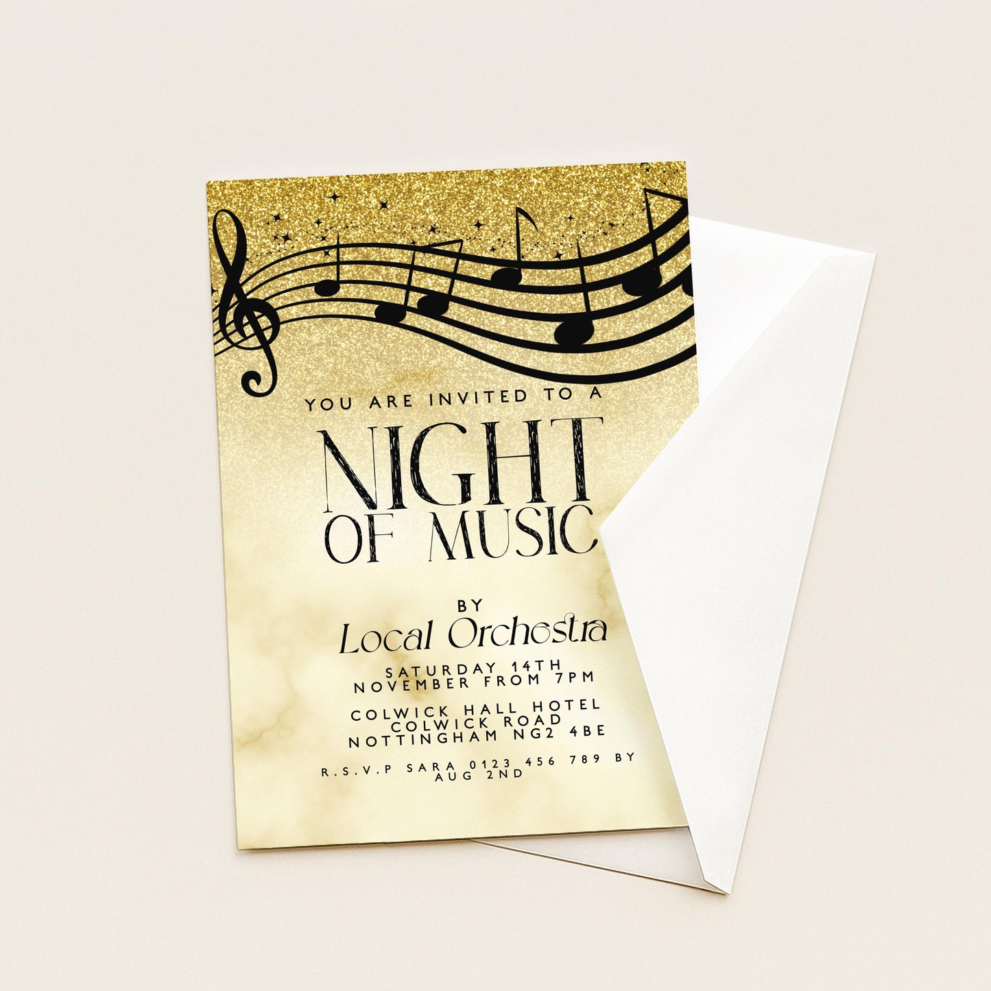 Elegant Night of Music Invitation Gold Musical Event Invite Printable and Editable Template for Concerts, Recitals & Performances