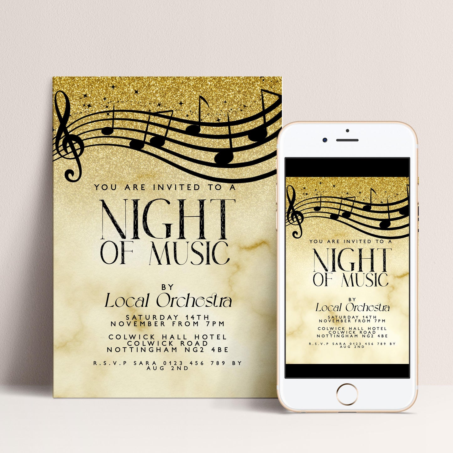 Elegant Night of Music Invitation Gold Musical Event Invite Printable and Editable Template for Concerts, Recitals & Performances