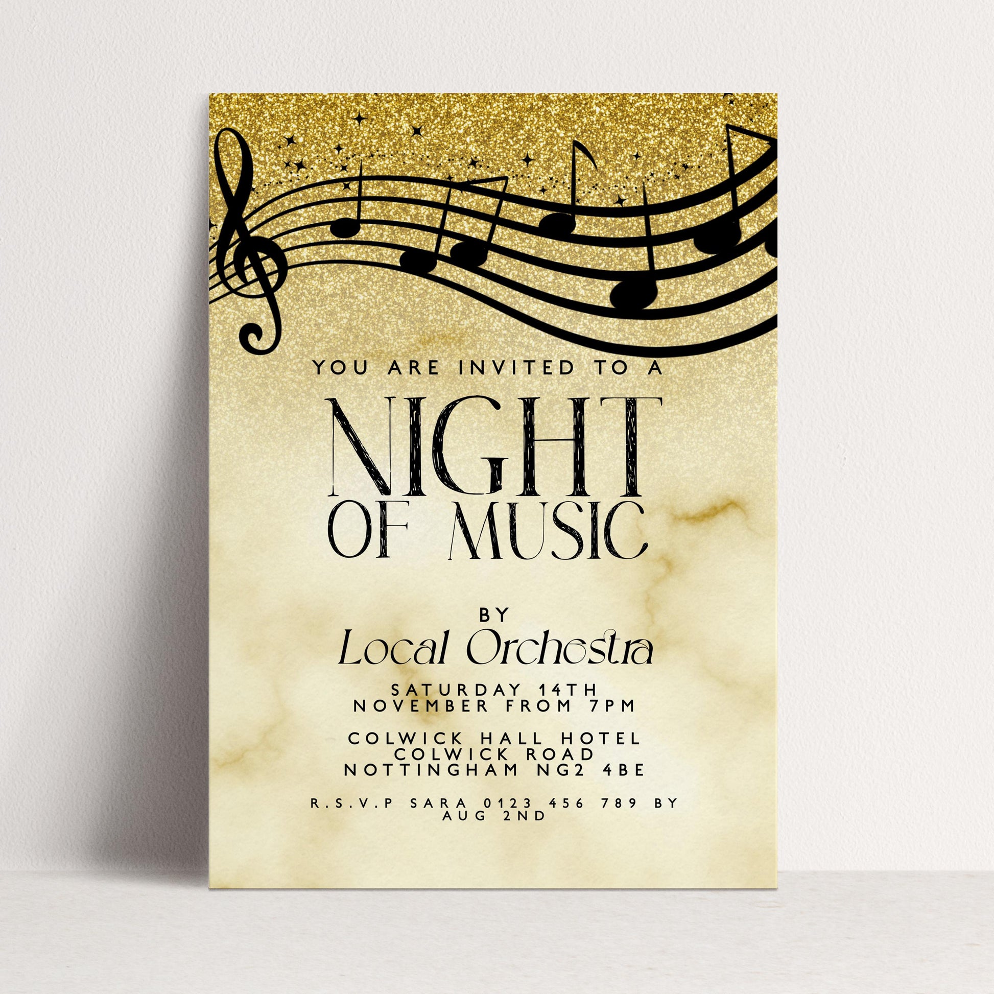 Elegant Night of Music Invitation Gold Musical Event Invite Printable and Editable Template for Concerts, Recitals & Performances