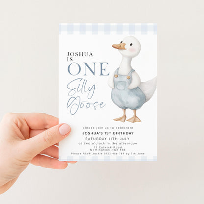 One Silly Goose Birthday Invitation Boy Blue Gingham, Editable Corjl Template, One Silly Goose 1st Birthday Invite, Digital Download SG21