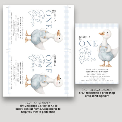 One Silly Goose Birthday Invitation Boy Blue Gingham, Editable Corjl Template, One Silly Goose 1st Birthday Invite, Digital Download SG21