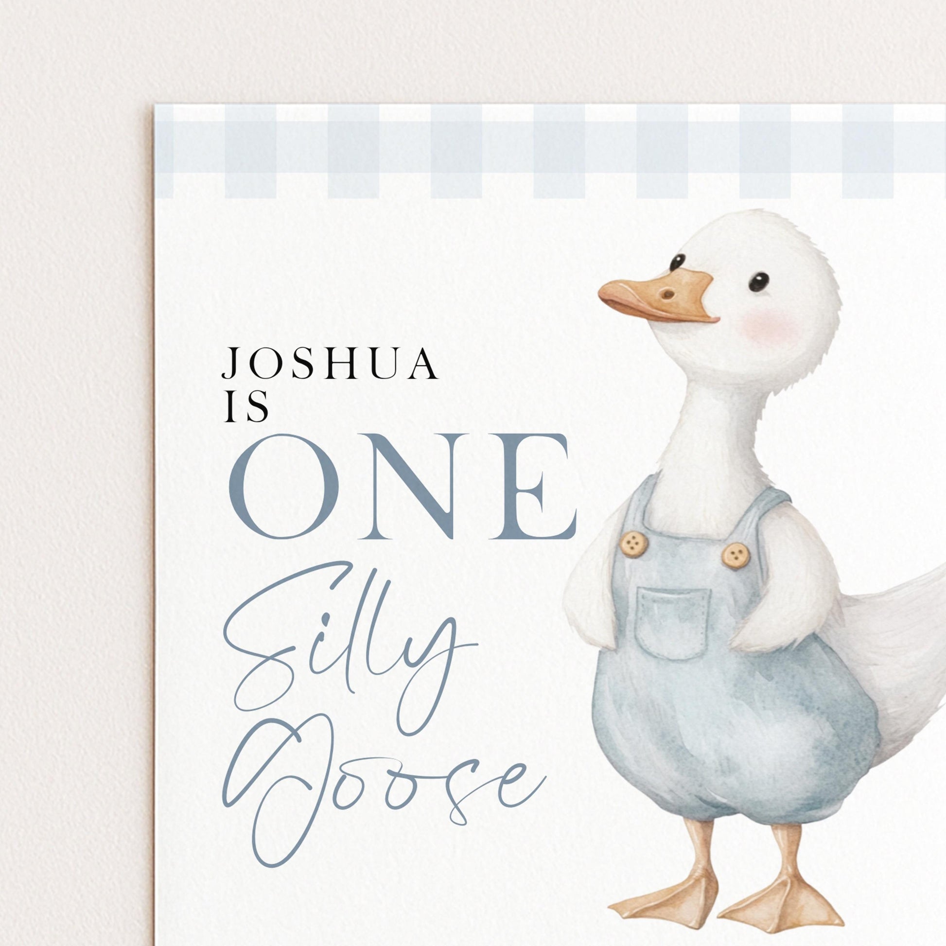 One Silly Goose Birthday Invitation Boy Blue Gingham, Editable Corjl Template, One Silly Goose 1st Birthday Invite, Digital Download SG21