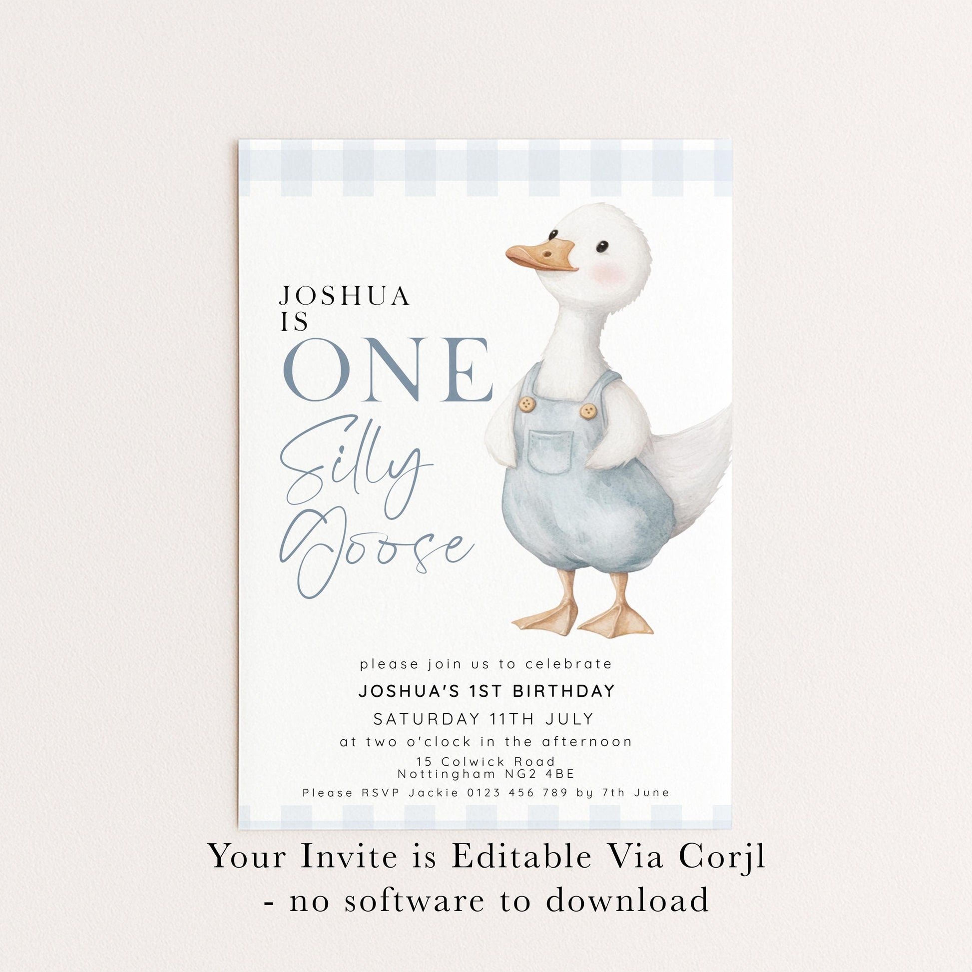 One Silly Goose Birthday Invitation Boy Blue Gingham, Editable Corjl Template, One Silly Goose 1st Birthday Invite, Digital Download SG21