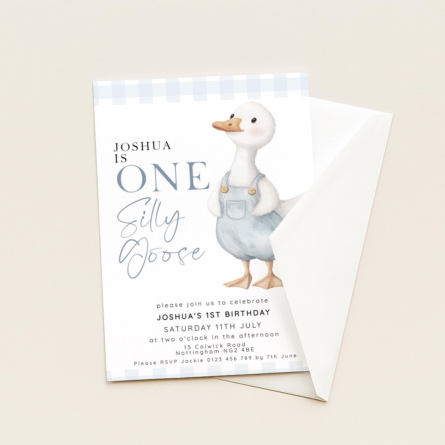 One Silly Goose Birthday Invitation Boy Blue Gingham, Editable Corjl Template, One Silly Goose 1st Birthday Invite, Digital Download SG21