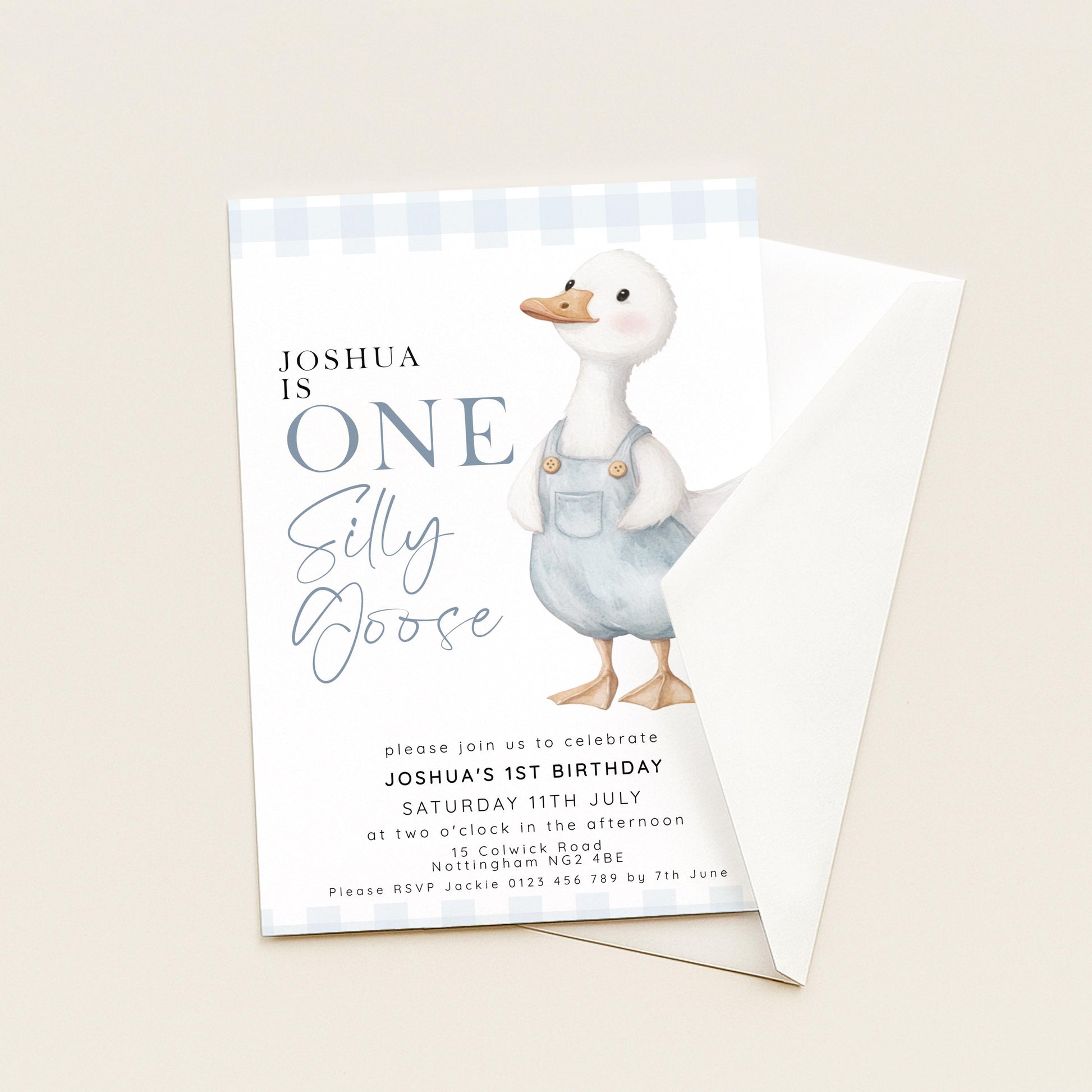 One Silly Goose Birthday Invitation Boy Blue Gingham, Editable Corjl Template, One Silly Goose 1st Birthday Invite, Digital Download SG21