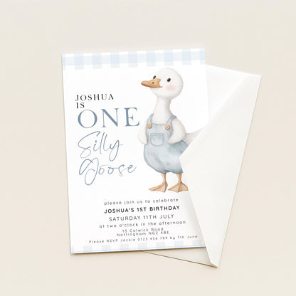 One Silly Goose Birthday Invitation Boy Blue Gingham, Editable Corjl Template, One Silly Goose 1st Birthday Invite, Digital Download SG21