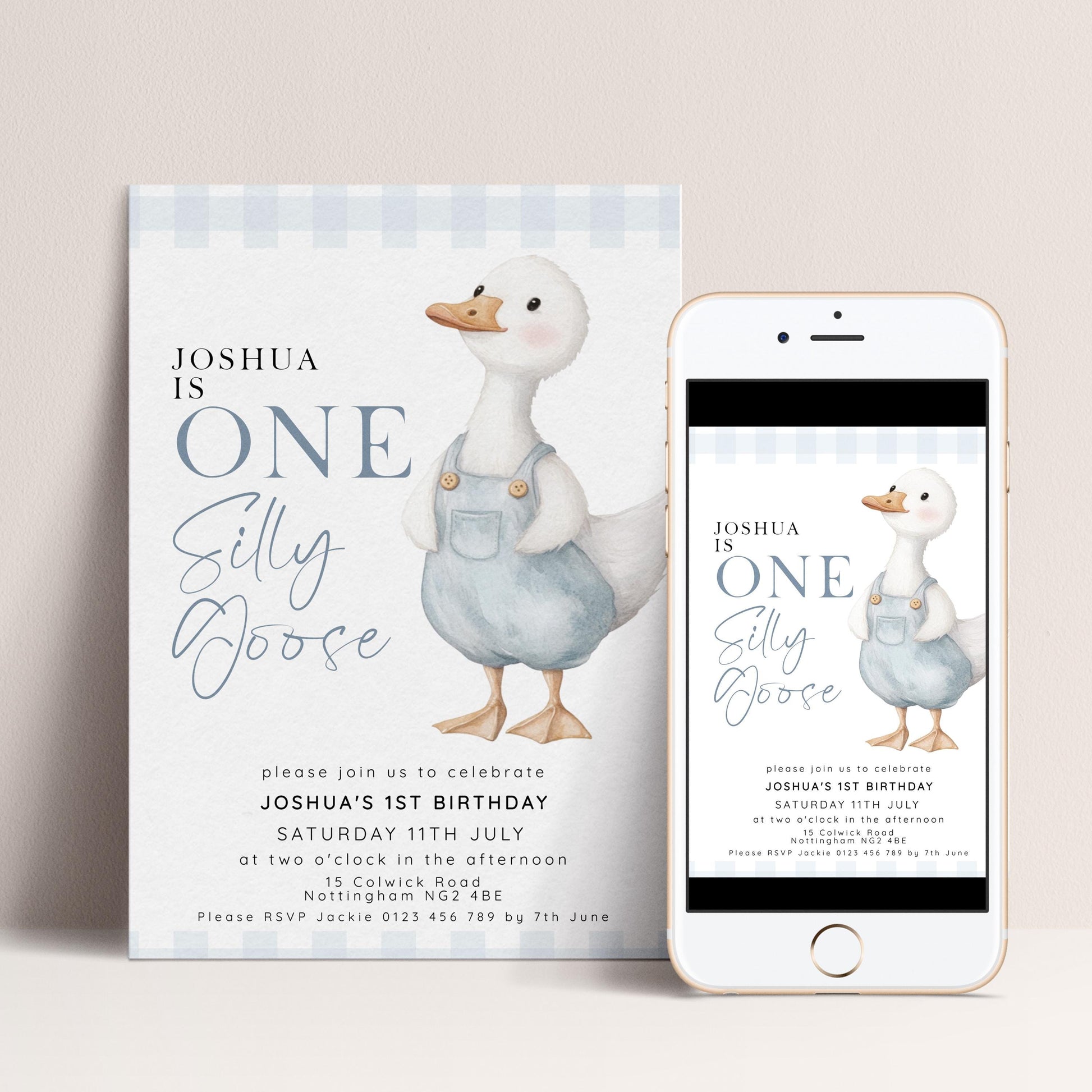 One Silly Goose Birthday Invitation Boy Blue Gingham, Editable Corjl Template, One Silly Goose 1st Birthday Invite, Digital Download SG21