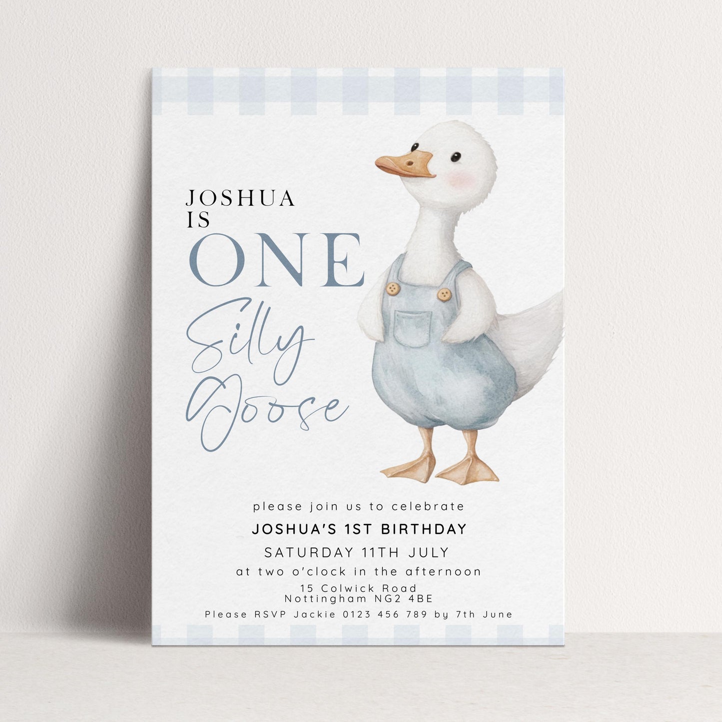 One Silly Goose Birthday Invitation Boy Blue Gingham, Editable Corjl Template, One Silly Goose 1st Birthday Invite, Digital Download SG21